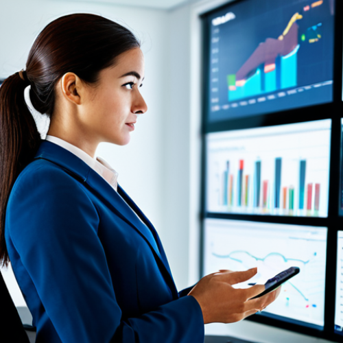 Home 24 A focused female public relations professional, wearing a modest business suit, actively engaging with multiple digital screens in a modern, well-lit office. Her natural pose shows her monitoring social media feeds and data visualizations, symbolizing real-time response and multi-platform narratives. The background includes blurred glowing data interfaces and subtly integrated digital channels. Perfect anatomy, correct proportions, well-formed hands, proper finger count, natural body proportions, professional photography, high quality, safe for work, appropriate content, fully clothed, professional.
