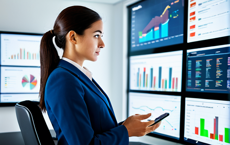 A focused female public relations professional, wearing a modest business suit, actively engaging with multiple digital screens in a modern, well-lit office. Her natural pose shows her monitoring social media feeds and data visualizations, symbolizing real-time response and multi-platform narratives. The background includes blurred glowing data interfaces and subtly integrated digital channels. Perfect anatomy, correct proportions, well-formed hands, proper finger count, natural body proportions, professional photography, high quality, safe for work, appropriate content, fully clothed, professional.