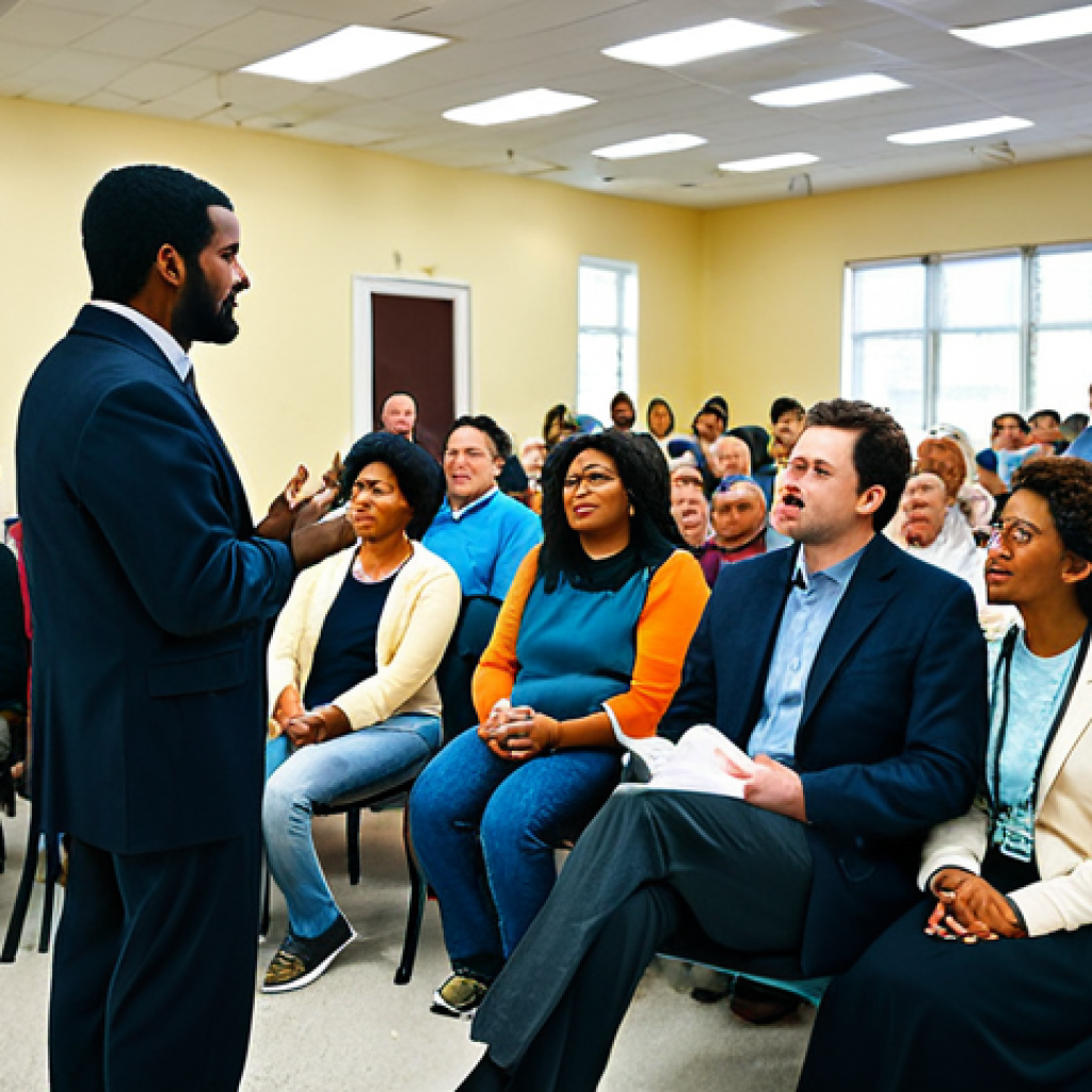 Community Engagement**

"A diverse group of fully clothed people attending a local town hall meeting, actively listening and engaged in a discussion, modest attire, appropriate content, safe for work, community center background, perfect anatomy, natural proportions, professional photography, emphasizing connection and civic participation, family-friendly"

**