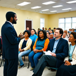 Community Engagement**

"A diverse group of fully clothed people attending a local town hall meeting, actively listening and engaged in a discussion, modest attire, appropriate content, safe for work, community center background, perfect anatomy, natural proportions, professional photography, emphasizing connection and civic participation, family-friendly"

**