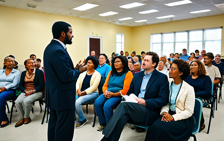 Community Engagement**

"A diverse group of fully clothed people attending a local town hall meeting, actively listening and engaged in a discussion, modest attire, appropriate content, safe for work, community center background, perfect anatomy, natural proportions, professional photography, emphasizing connection and civic participation, family-friendly"

**