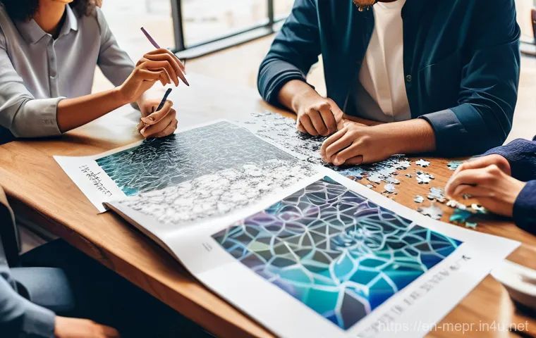 언론홍보 실무 가이드 - **Brand Narrative Unfurling:**
"A vibrant, dynamic collage scene featuring diverse individuals, ...