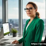 Home 11 PR과 미디어 거버넌스 - **Prompt:** A confident, smartly dressed female PR professional in her late 20s, standing in a moder...