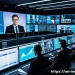 언론 자유와 책임 - A modern digital newsroom scene featuring diverse journalists working intensely on computers and lar...