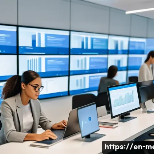 언론사와 관계 구축 - A modern, bright newsroom environment with diverse journalists collaborating around computers and di...