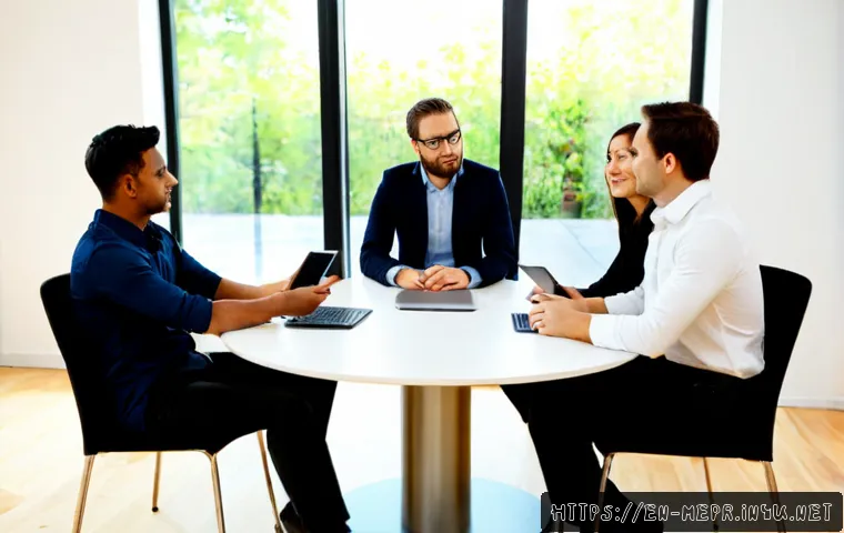 인터널 커뮤니케이션 - Photorealistic modern office meeting, diverse team of five professionals seated around a round table...