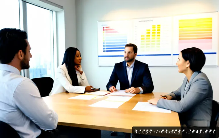 Home 17 기업PR과 브랜드 가치 - Photorealistic corporate public relations meeting in a bright modern American office, diverse commun...
